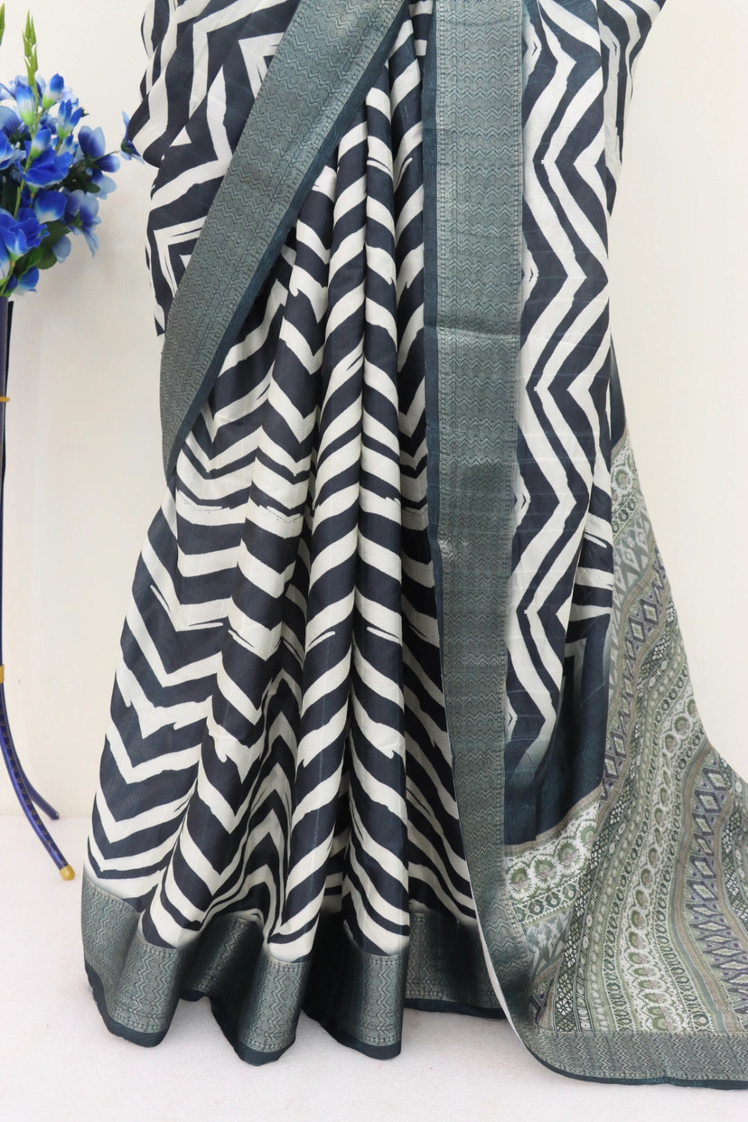 digital printed black dola silk sarees