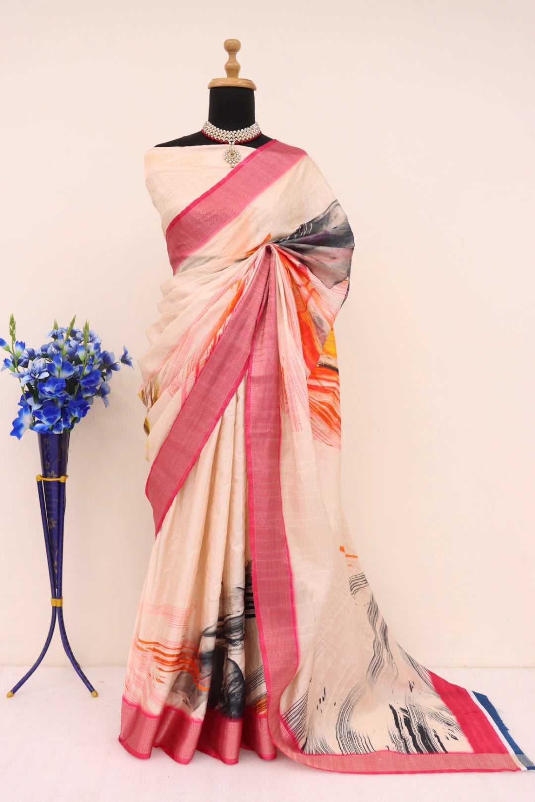 cream colour silk saree with pink border