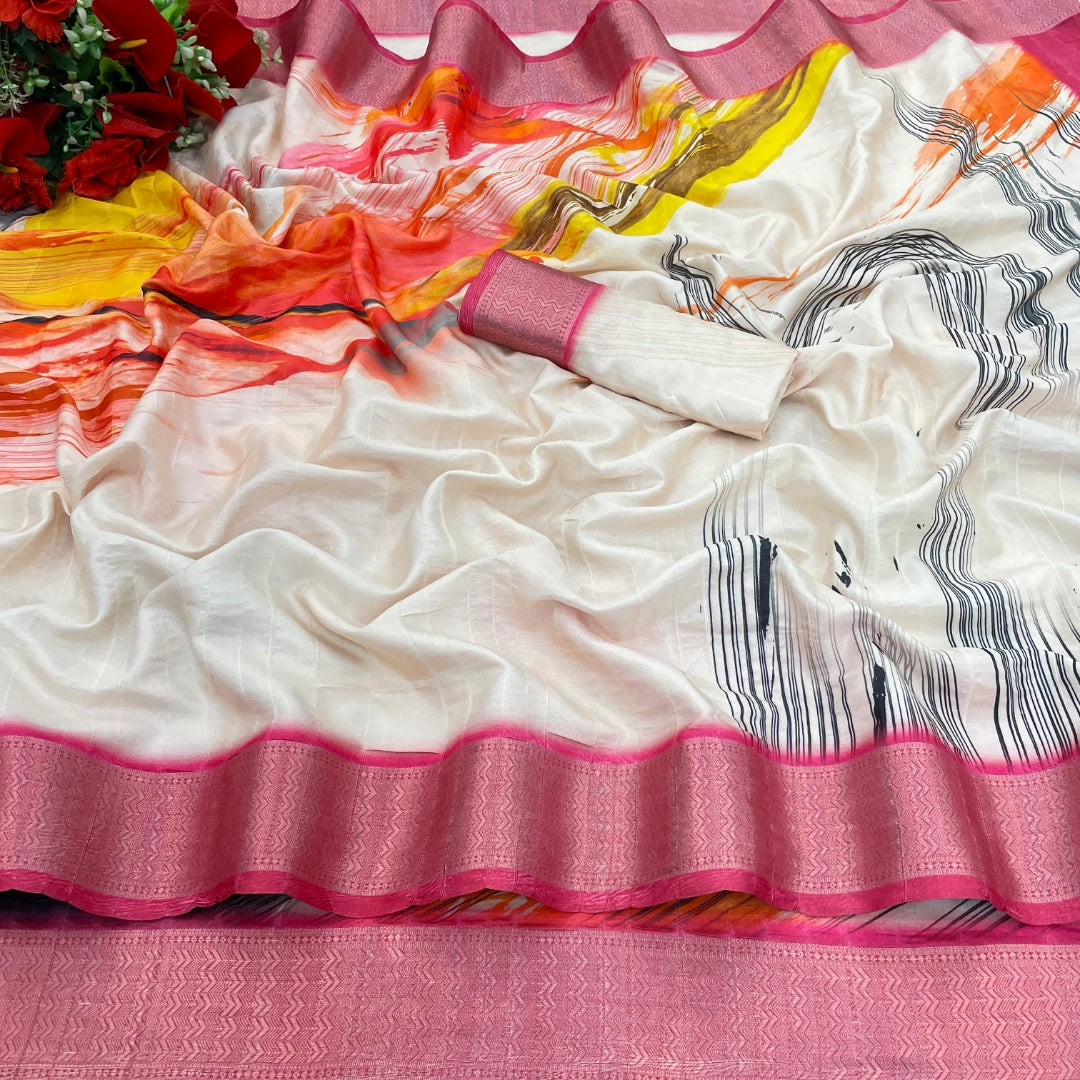 cream colour saree with pink border