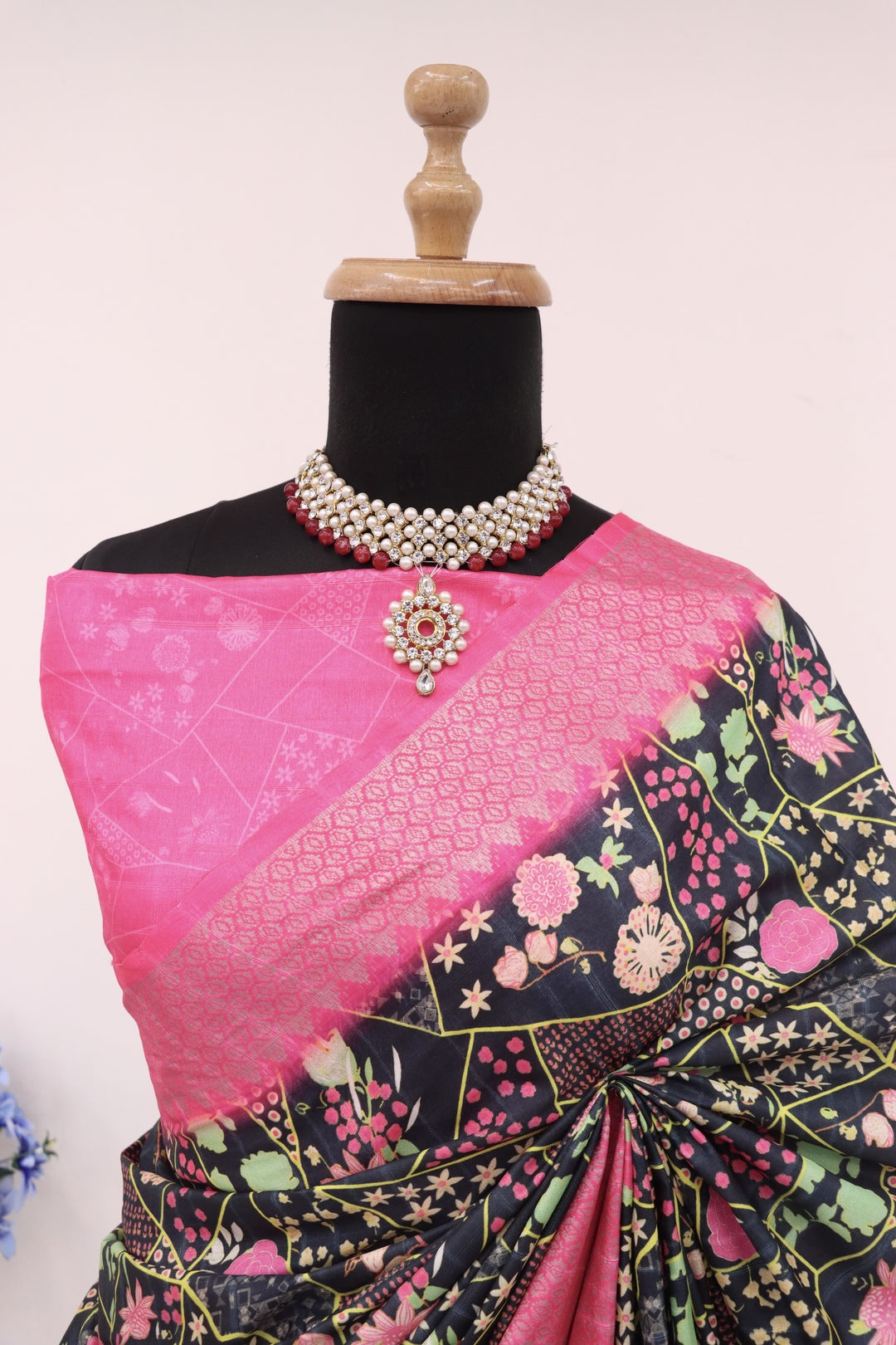 black and pink combination silk sarees
