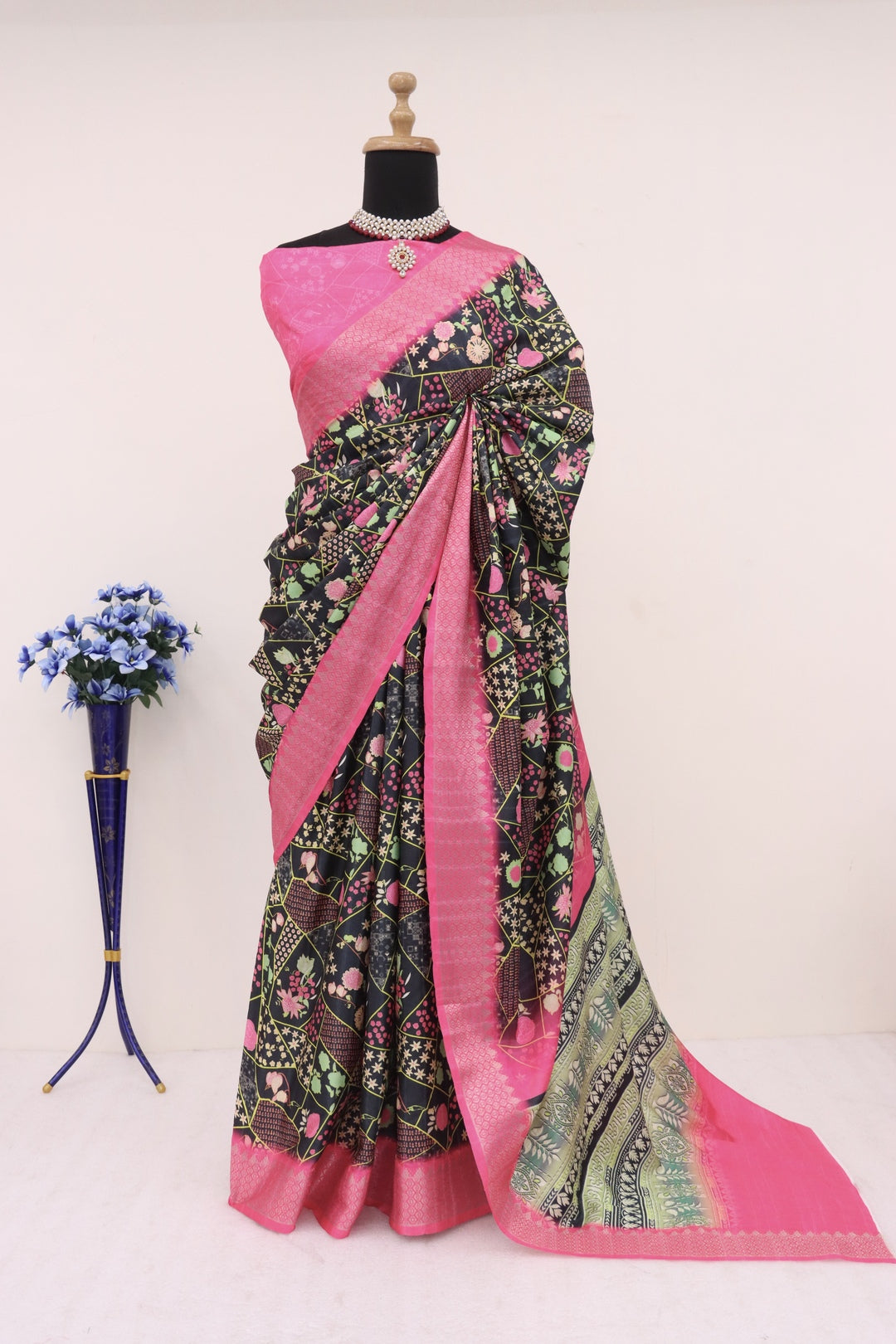 black and pink silk saree online
