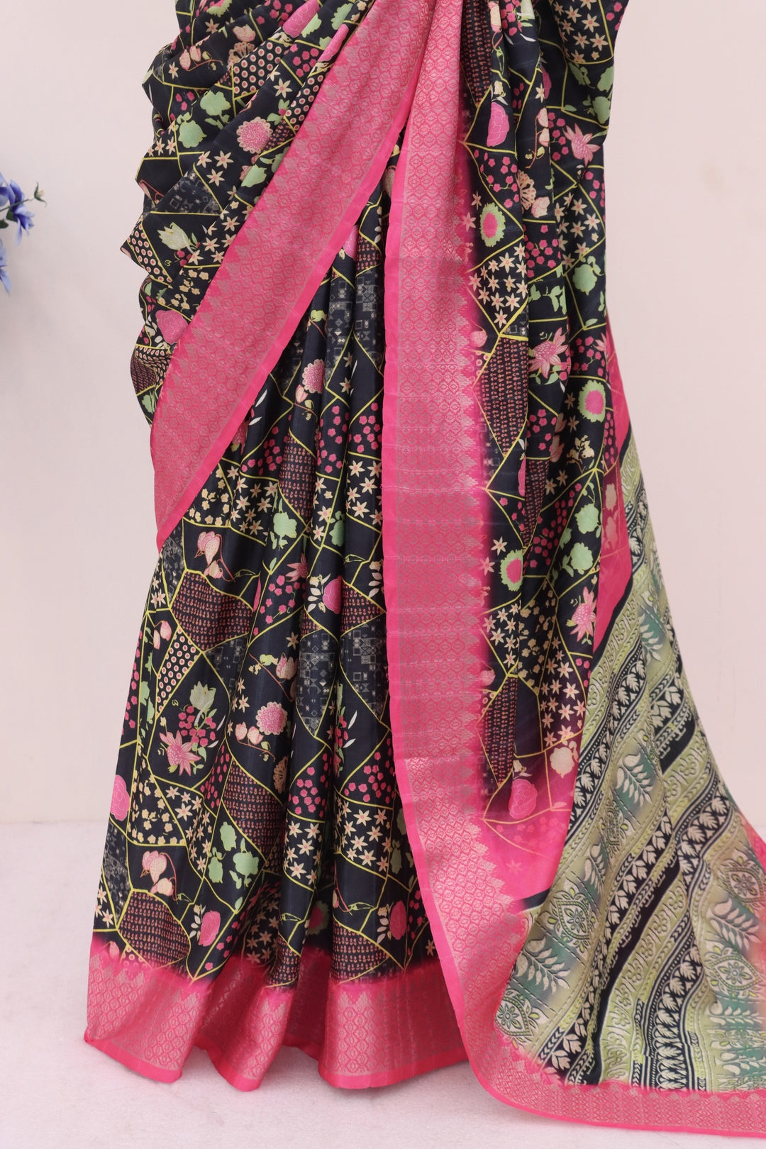 black and pink combination silk sarees