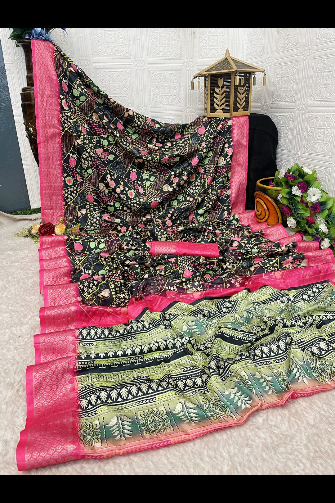 black and pink silk saree online