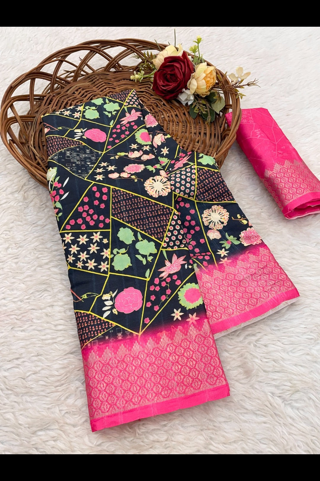 black and pink combination silk sarees