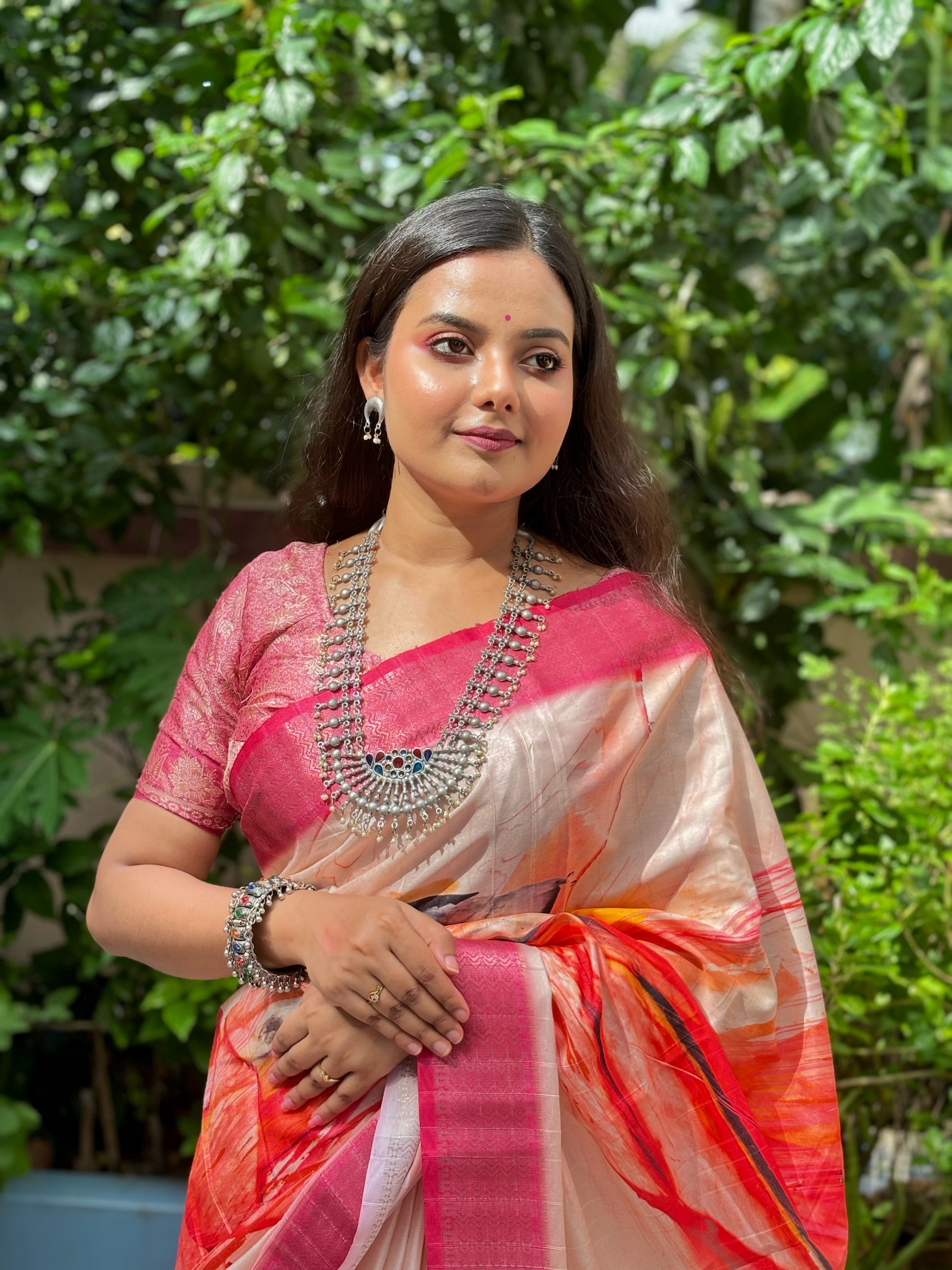 cream colour silk saree with pink border