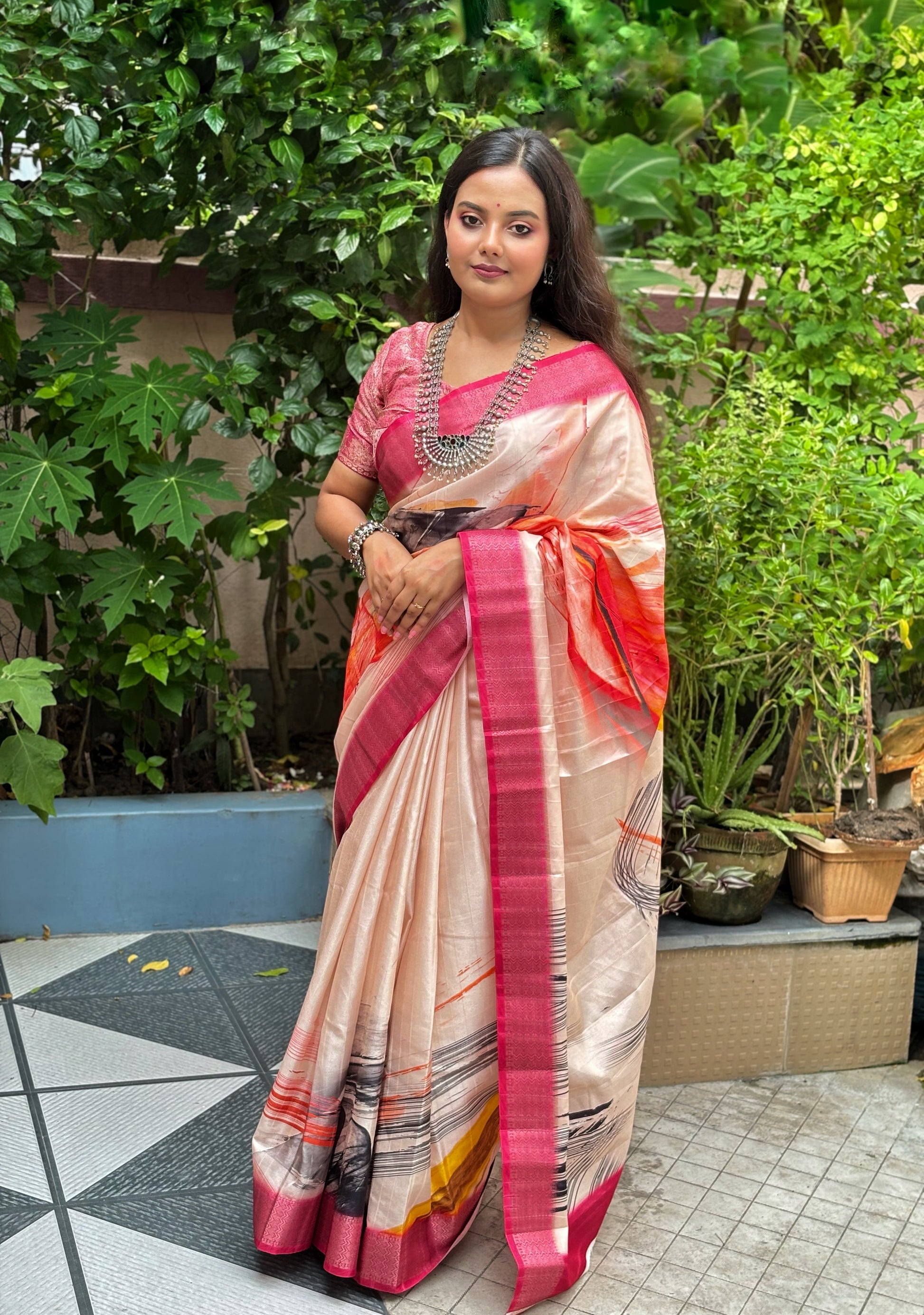 cream colour silk saree with pink border